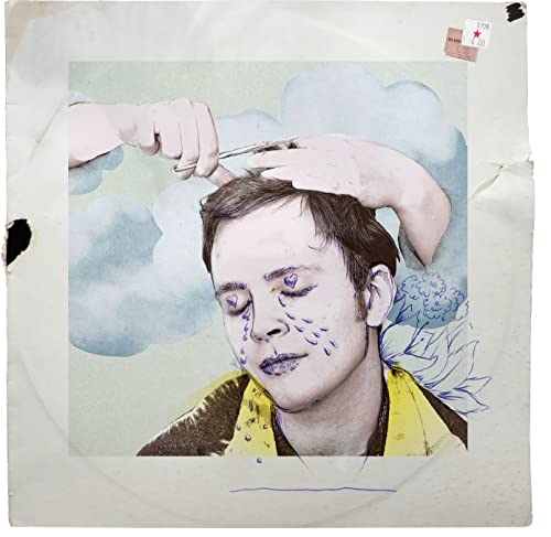 Vinyl album cover: a man with illustrated tears and hands cutting hair.