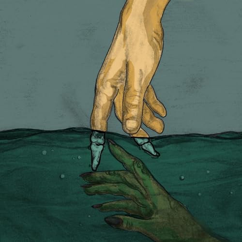 Illustration of two hands reaching towards each other over water.