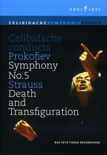 DVD cover featuring conductor Celibidache and text listing Prokofiev and Strauss.