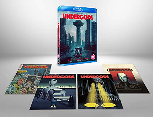Undergods" Blu-ray case with accompanying artwork depicting a futuristic, dystopian cityscape.