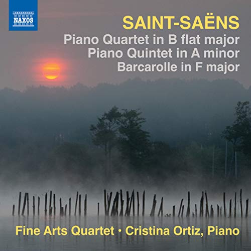 CD cover for Saint-Saëns piano works with misty landscape and sunset.