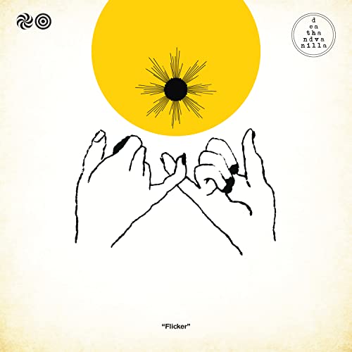 CD cover: yellow sun, hands interlocked, black line art, “Flicker” text.