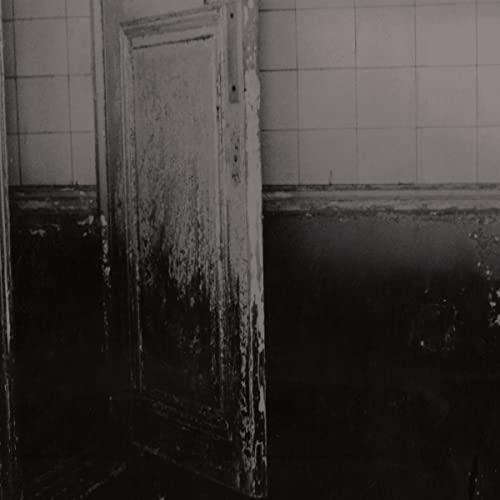 Black and white vinyl record cover featuring a distressed, peeling door.