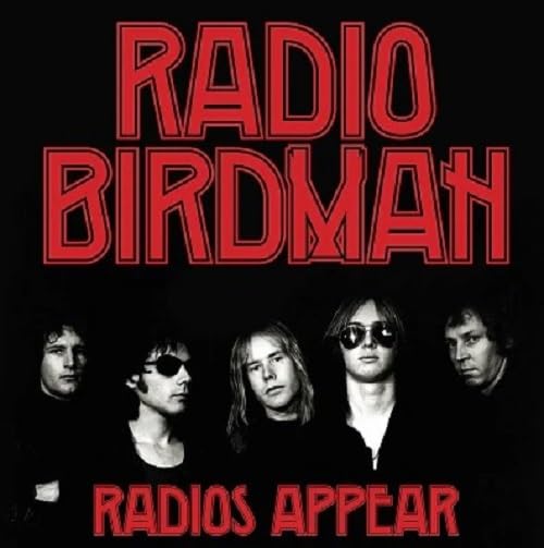Radio Birdman album cover: band photo with red text on black background.