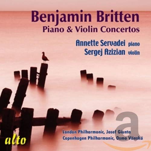 CD cover for Britten’s Piano & Violin Concertos with beach scene.