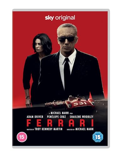 DVD cover for “Ferrari” featuring Adam Driver, Penélope Cruz, and a red race car.