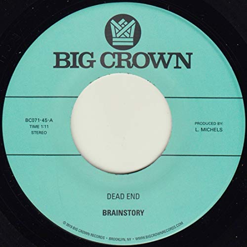 Turquoise vinyl record label with black text: “Brainstory - Dead End”.