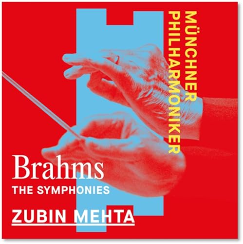 Red album cover featuring a conductor’s hands and text: Brahms, Zubin Mehta.