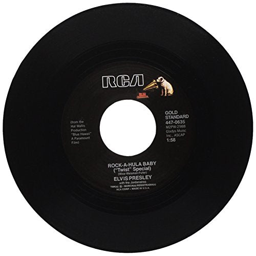 Black 7-inch vinyl record by Elvis Presley with RCA logo and text.