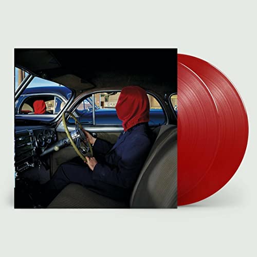 Red vinyl records with album cover depicting a hooded figure in a car.