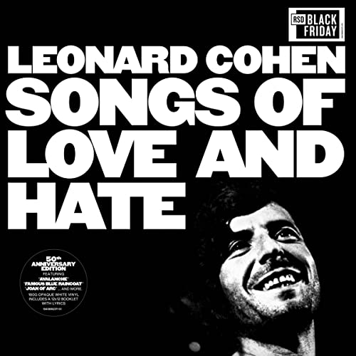 Black and white album cover featuring Leonard Cohen with large white text title.