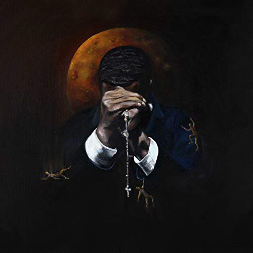 Painted album cover featuring a man with a rosary, dark background.