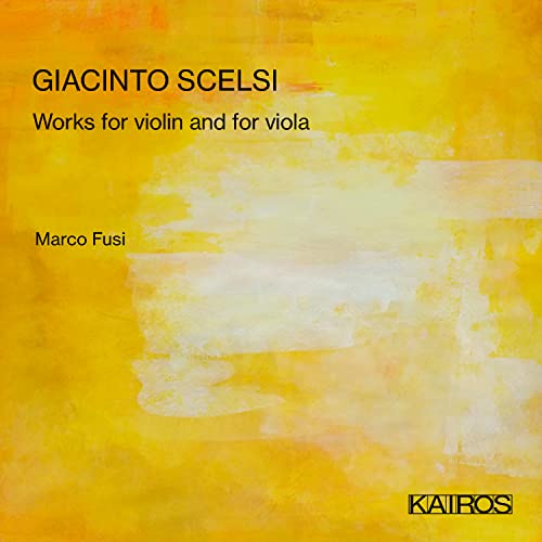 CD cover for Giacinto Scelsi’s works, abstract yellow and white design.