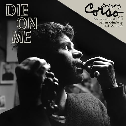 Black and white album cover featuring Gregory Corso in profile, holding beads.