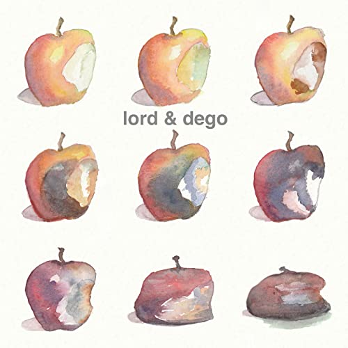 Watercolor painting of six apples, some bitten, with "lord & dego" text.