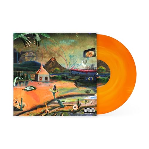 Vinyl record with orange disc and surreal landscape album cover.