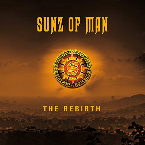 CD cover for Sunz Of Manz’s “Rebirth” featuring a sun symbol and city skyline.