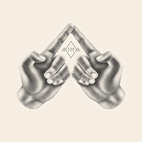 Two hands forming a diamond shape with text inside, grayscale.