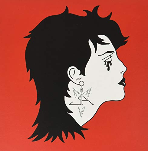 A black and white illustration of a woman crying on a solid red background.