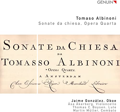 CD cover for Albinoni’s “Sonate da Chiesa,” featuring ornate text and musician names.