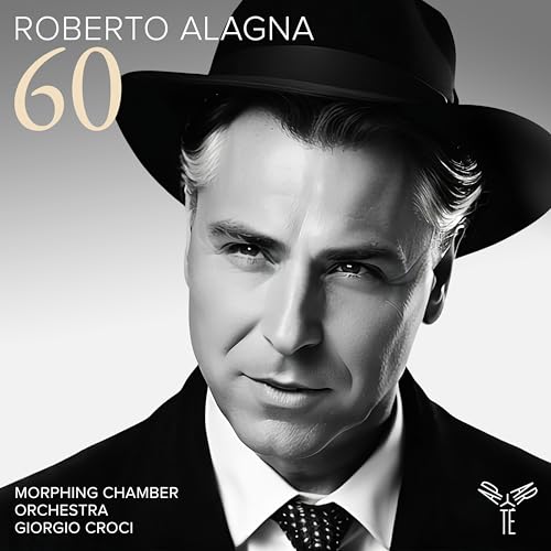 Black and white portrait of Roberto Alagna wearing a hat, CD cover.
