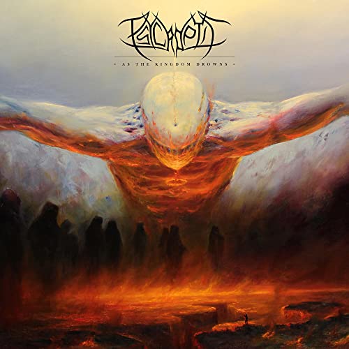 Album cover for Psycroptic’s “As The Kingdom Drowns” featuring fiery, surreal imagery.