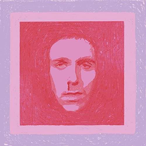 Red crayon portrait of a person with long hair, square frame.