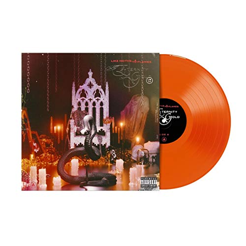 Orange vinyl record with album cover featuring gothic imagery and a snake.