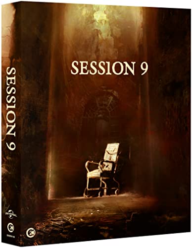Blu-ray cover for horror film “Session 9” featuring a chair in a dark room.