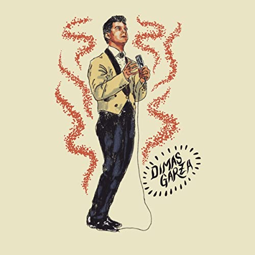 Illustration of Dimas Garza in a suit singing into a microphone.