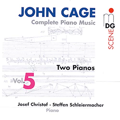 CD cover for John Cage's "Complete Piano Music, Vol. 5" with sheet music.