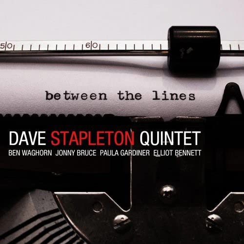 CD cover for Dave Stapleton Quintet’s “Between the Lines” with a typewriter.