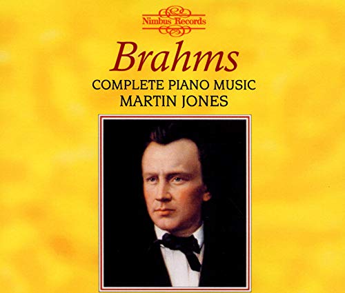 CD cover for Johannes Brahms’ complete piano music, featuring a portrait.