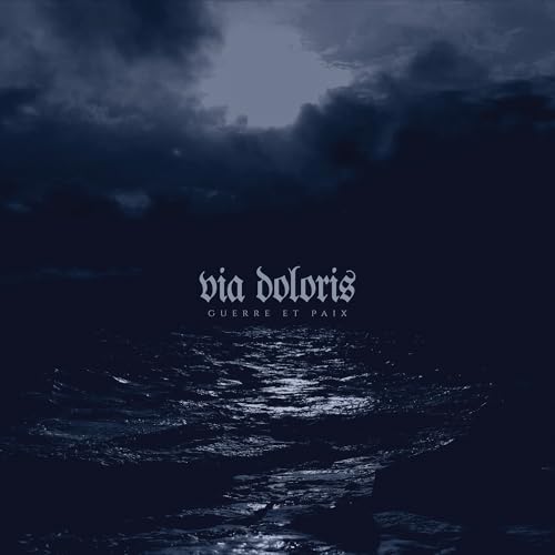 Dark blue ocean at night under a cloudy sky with Via Doloris text overlay.