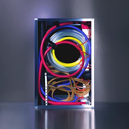 CD case with colorful coiled tubing inside a metallic frame.