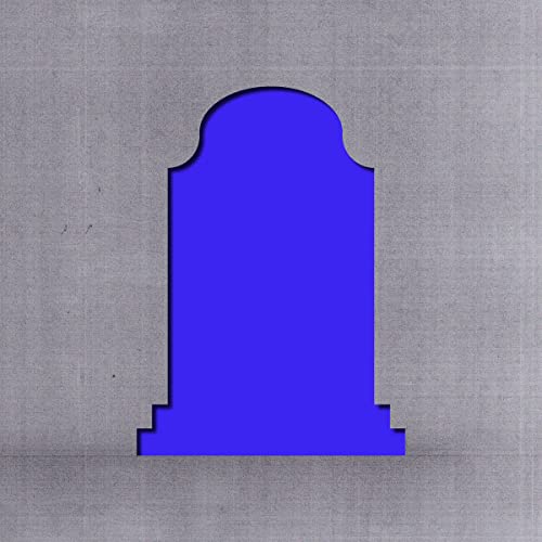 Blue tombstone shape against a textured gray background.