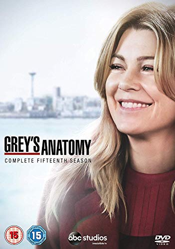 Grey's Anatomy Season 15 DVD cover featuring Ellen Pompeo and a city skyline.