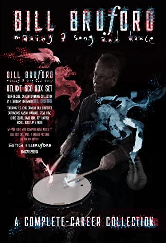 Bill Bruford drumming, album cover with red text and abstract effects.
