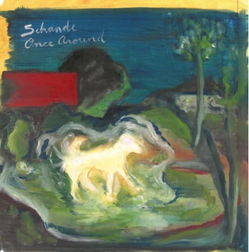 Painted vinyl record cover with a white horse and abstract landscape.