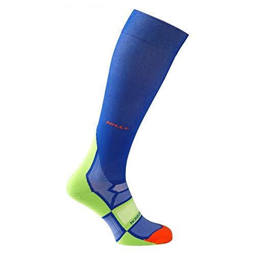 Blue and lime green compression sock on a white background.