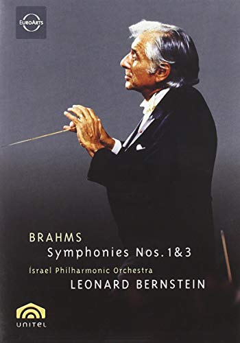 Leonard Bernstein conducting, with text reading Brahms Symphonies Nos. 1 and 3.