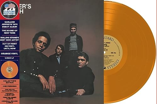 Orange vinyl record sleeve with four men and a close-up of the orange vinyl.