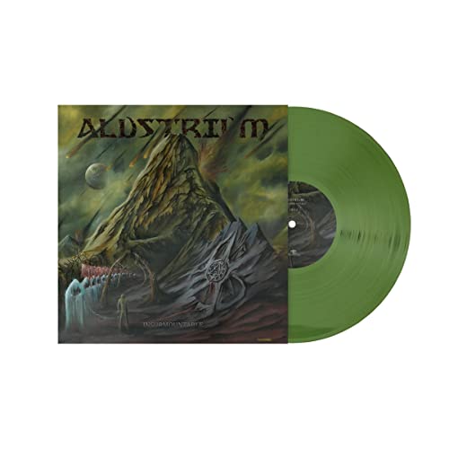Green vinyl record with cover art depicting a mountain and figures.