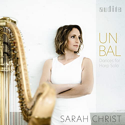 CD cover featuring Sarah Christ, a harpist, with a golden harp.