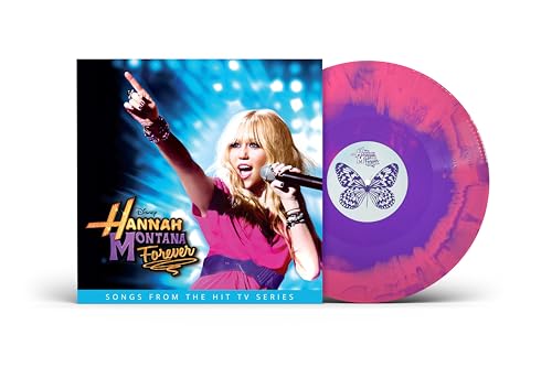 Hannah Montana album cover and hot pink/purple swirl vinyl record.