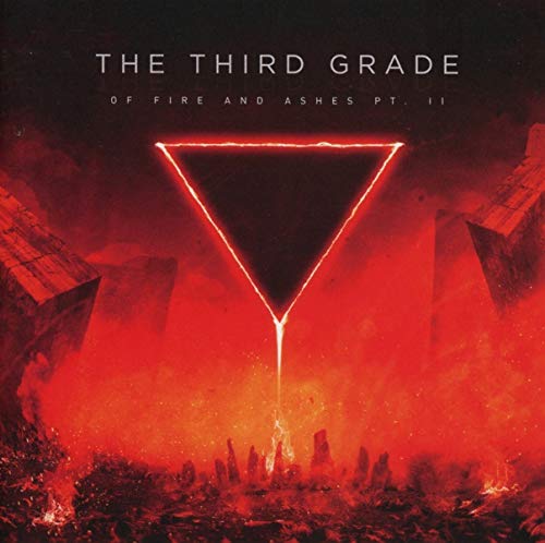 Red album cover with a glowing triangular symbol over a fiery landscape.