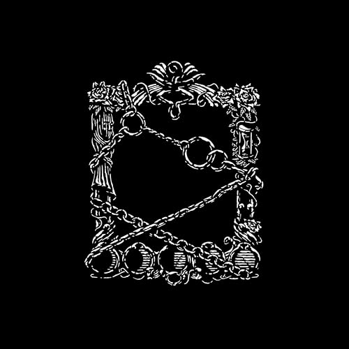 Black background with white, ornate floral and chain-link frame design.