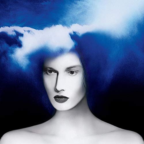 Portrait of a person with blue and white cloud-like hair.