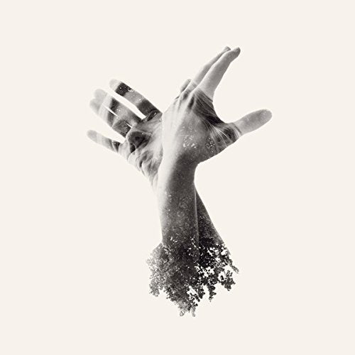 Black and white image of hands dissolving into branches and leaves.