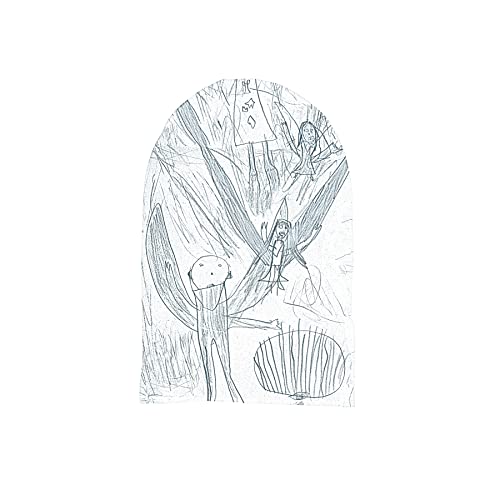 Sketch of figures with wings near a circular, radiating object.